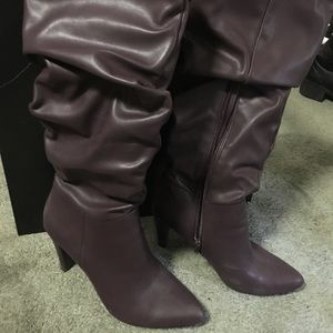 purple high heel leather knee high boots